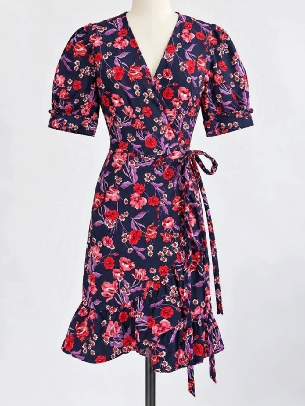Draper James Navy Floral Puff Sleeve Ruffle Wrap Dress Size 4
